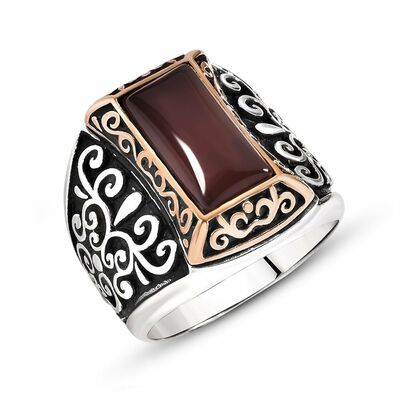 Red Agate Motif 925 Sterling Silver Mens Ring
