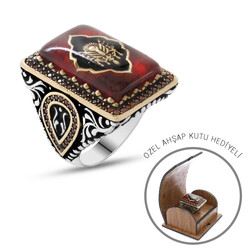 Red Amber Mens Ring With 925 Sterling Silver Detailed Tulip - Thumbnail