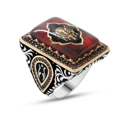 Red Amber Mens Ring With 925 Sterling Silver Detailed Tulip - Thumbnail