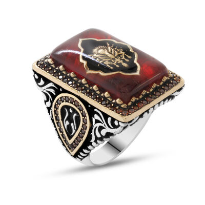 Red Amber Mens Ring With 925 Sterling Silver Detailed Tulip