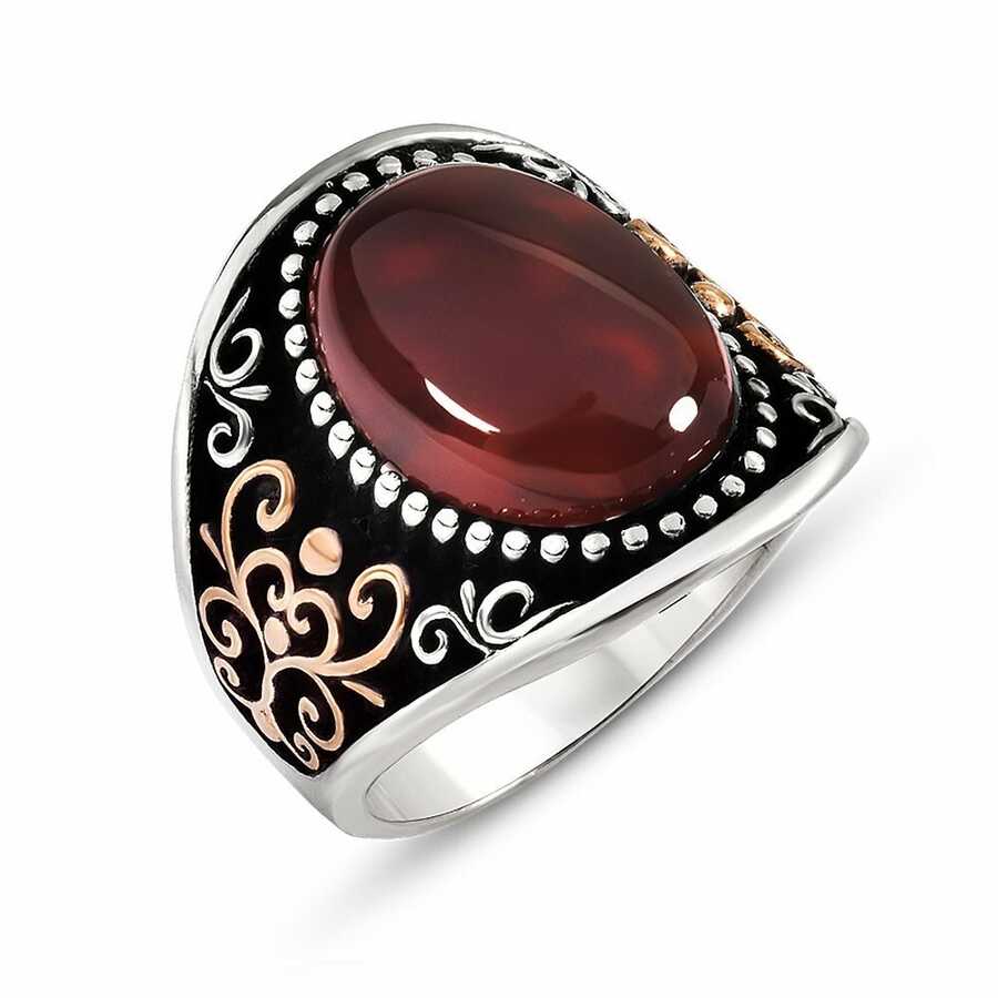 Red Oval Agate 925 Sterling Silver Motif Mens Ring