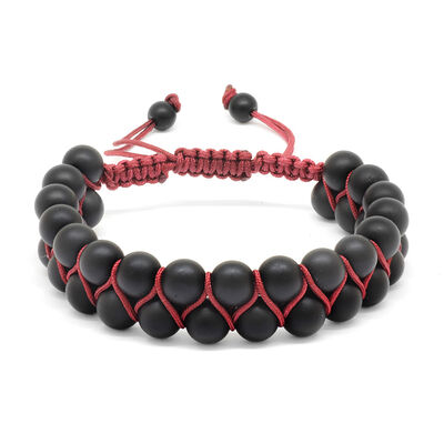 Red Two-Row Bracelet İn Onyx With A Braided Sphere İn Red Macrame And Natural Stone - 3