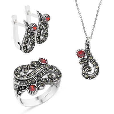 Red Zircon 925 Sterling Silver 3 Pcs Accessory Set - 1