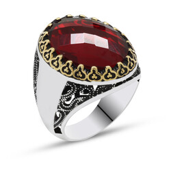Red Zirconia 925 Sterling Silver Mens Ring (Name Can Be Written On The Sides) - Thumbnail