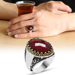 Red Zirconia 925 Sterling Silver Mens Ring (Name Can Be Written On The Sides)