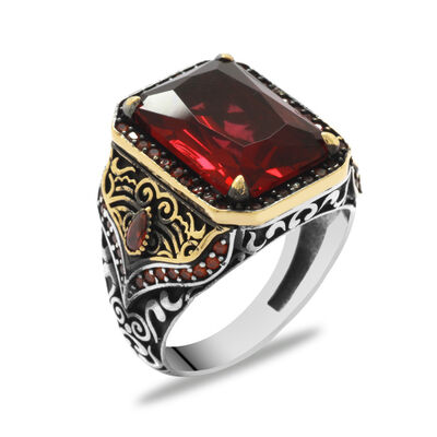 Red Zirconia 925 Sterling Silver Square Cut Mens Ring - 2