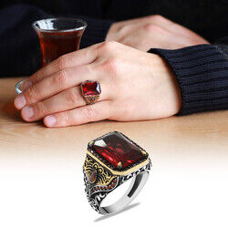Red Zirconia 925 Sterling Silver Square Cut Mens Ring - 4