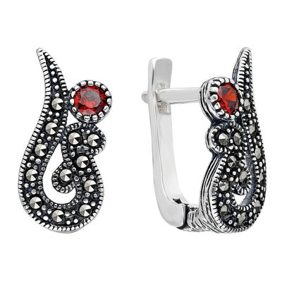 Red Zirconia Marcasite 925 Sterling Silver Earrings - 1