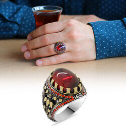 Red Zirconia Oval Design 925 Sterling Silver Mens Ring - 5