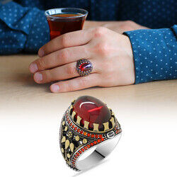 Red Zirconia Oval Design 925 Sterling Silver Mens Ring - 6