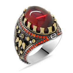 Red Zirconia Oval Design 925 Sterling Silver Mens Ring - Thumbnail