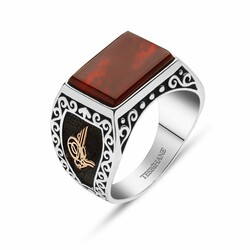 Ring İn 925 Sterling Silver Engraved With Tugra And Ayyildiz İn Red Zirconia - Thumbnail