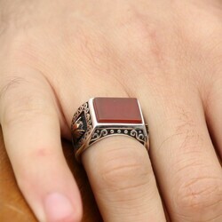 Ring İn 925 Sterling Silver Engraved With Tugra And Ayyildiz İn Red Zirconia - Thumbnail