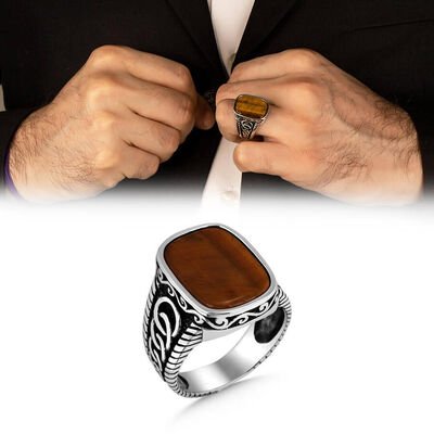 Ring Motif Men's Sterling Silver Ring With Tiger's Eye Stone - 1