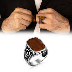 Ring Motif Men's Sterling Silver Ring With Tiger's Eye Stone - 2