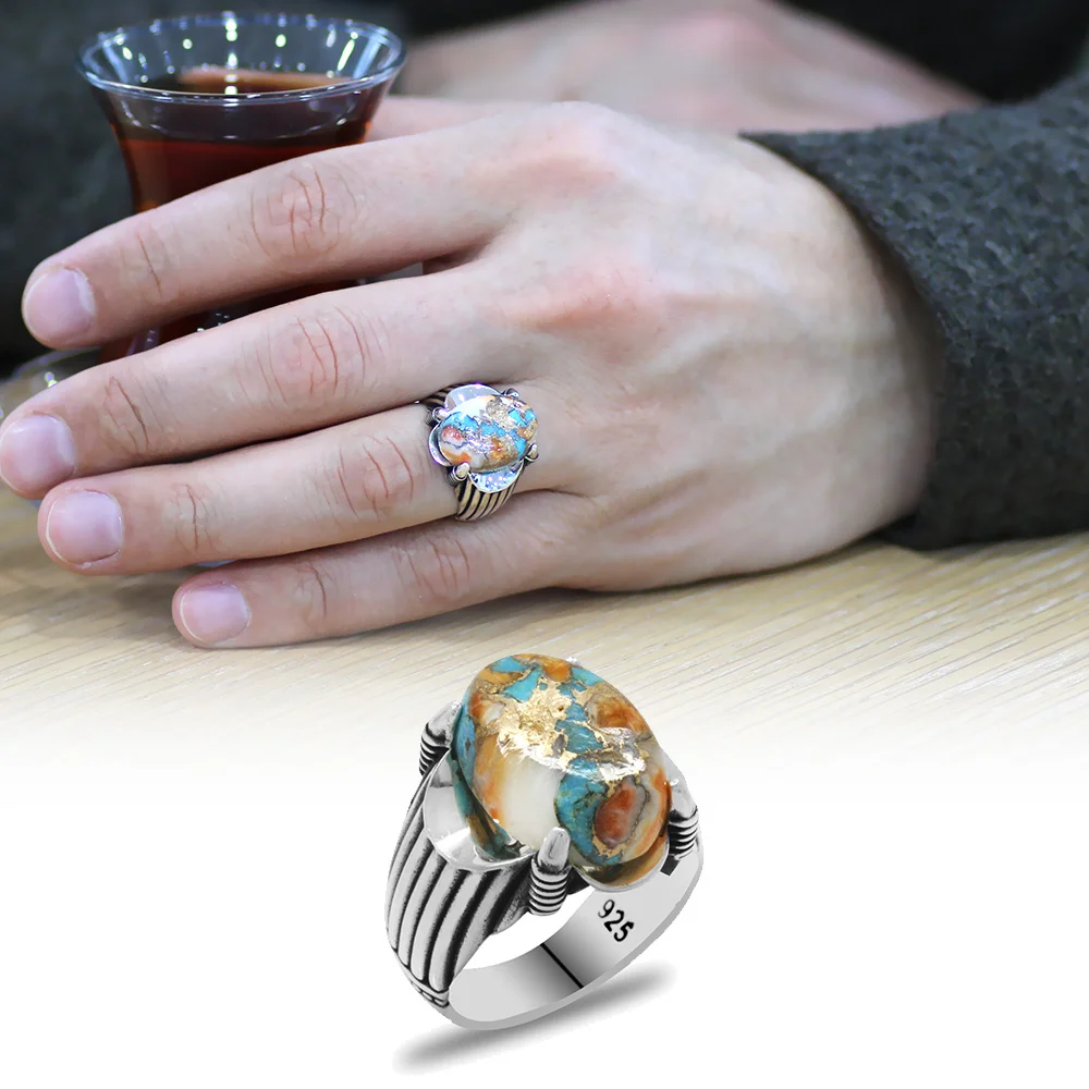 خاتم فضة للرجال لديه تصميم مخلب حجر المرجان عيار 925 - 1