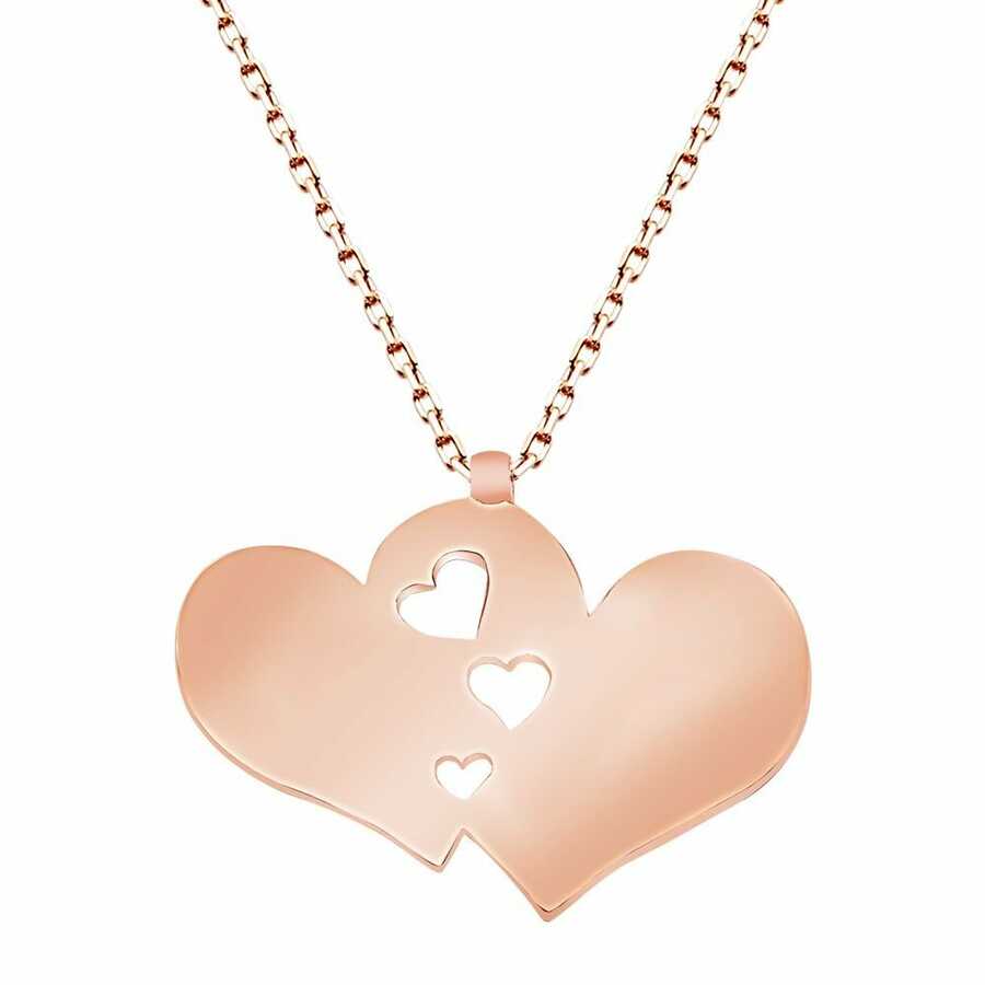 Rose Plated 925 Sterling Silver Double Heart Necklace