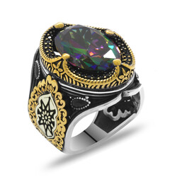 Royal Crown Design Faceted Mystic Stone 925 Sterling Silver Mens Ring - Thumbnail