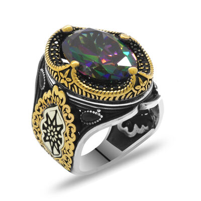 Royal Crown Design Faceted Mystic Stone 925 Sterling Silver Mens Ring