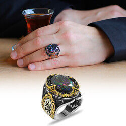 Royal Crown Design Faceted Mystic Stone 925 Sterling Silver Mens Ring