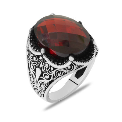Royal Crown Design Faceted Red Zirconia Stone 925 Sterling Silver Mens Ring