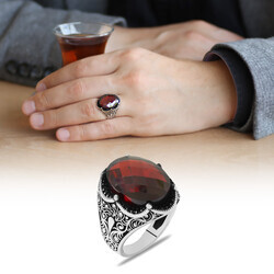 Royal Crown Design Faceted Red Zirconia Stone 925 Sterling Silver Mens Ring - Thumbnail