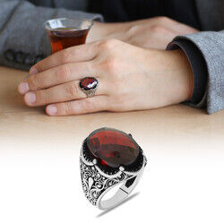 Royal Crown Design Faceted Red Zirconia Stone 925 Sterling Silver Mens Ring