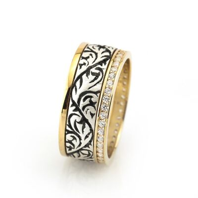 Sarmaşık Desen İşlemeli Zirkon Taşlı Gold Renk 925 Ayar Gümüş Bayan Alyans - 1