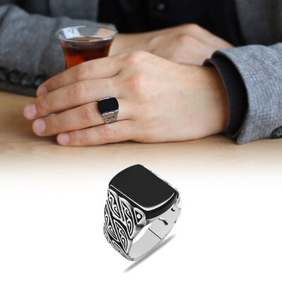 Sarmaşik Design Black Onyx 925 Sterling Silver Mens Ring