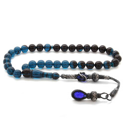 Silver Globe 1000 Ct With Tassels, Faceted Blue-Black Pressed Amber Tasbih - 1