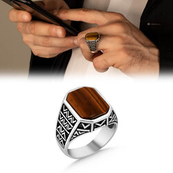 Silver Men's Ring With A Tiger's Eye Stone With A Geometric Pattern - 1