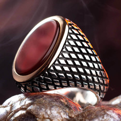 Silver Men's Ring With Red Agate And Red Agate - 1