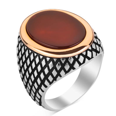 Silver Men's Ring With Red Agate And Red Agate - 2
