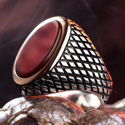 Silver Men's Ring With Red Agate And Red Agate - 6