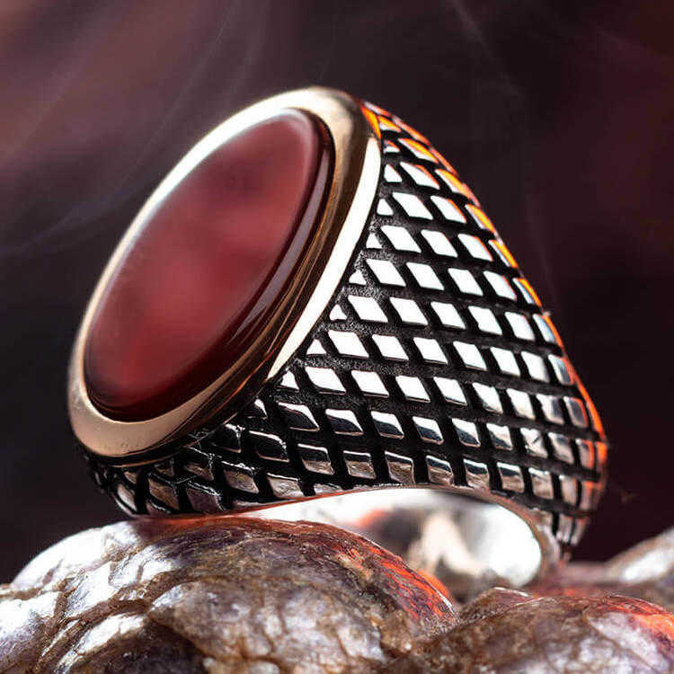 Silver Men's Ring With Red Agate And Red Agate