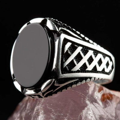 Silver Oval Men's Ring With Black Onyx - 1