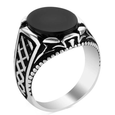 Silver Oval Men's Ring With Black Onyx - 2