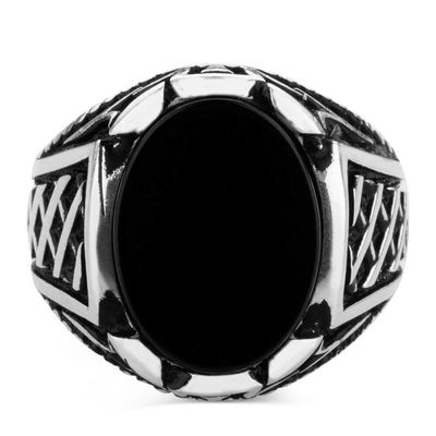 Silver Oval Men's Ring With Black Onyx - 3