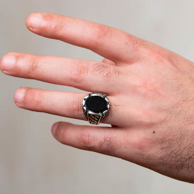 Silver Oval Men's Ring With Black Onyx - 4