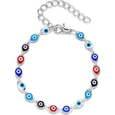 Silver Renk Metal Zincirli Multicolor Mineli Nazar Boncuğu Detaylı Göz Tasarım Kadın Bileklik - 1