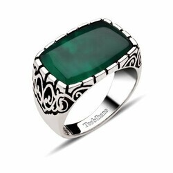 Silver Ring With Green Agate And Decorative Model - Thumbnail