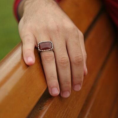 Silver Ring With Red Agate And Decorative Model - 2