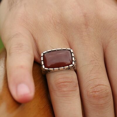 Silver Ring With Red Agate And Decorative Model