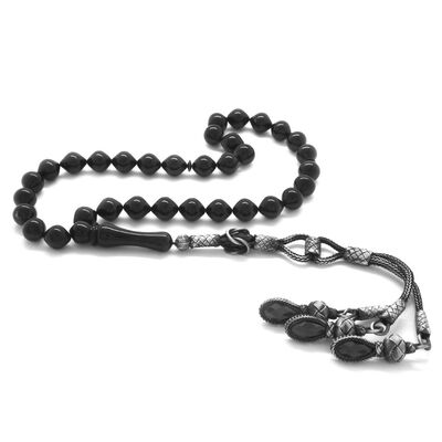 Silver Rosary With Tassel 1000 Carats With Tassels, Cut From Black Amber Istanbul Cut - 1
