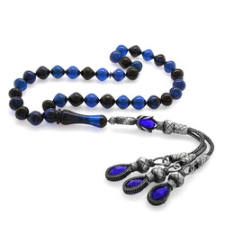 Silver Rosary With Tassels 1000 Carats With Tassels Istanbul Cut Blue-Black Pressed Amber Rosary - 1