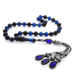 Silver Rosary With Tassels 1000 Carats With Tassels Istanbul Cut Blue-Black Pressed Amber Rosary - 3