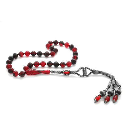 Silver Rosary With Tassels 1000 Ct With Tassels, Istanbul Cut, Red-Black Fiery Amber Rosary