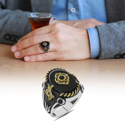 Simple 925 Sterling Silver Mens Ring With Onyx Stone Tugra Tulip With Details - 1