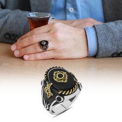 Simple 925 Sterling Silver Mens Ring With Onyx Stone Tugra Tulip With Details - Thumbnail