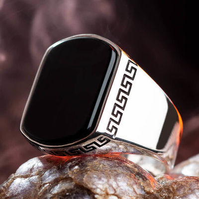 Simple Mens Ring İn Sterling Silver With Black Onyx And Stone - 1
